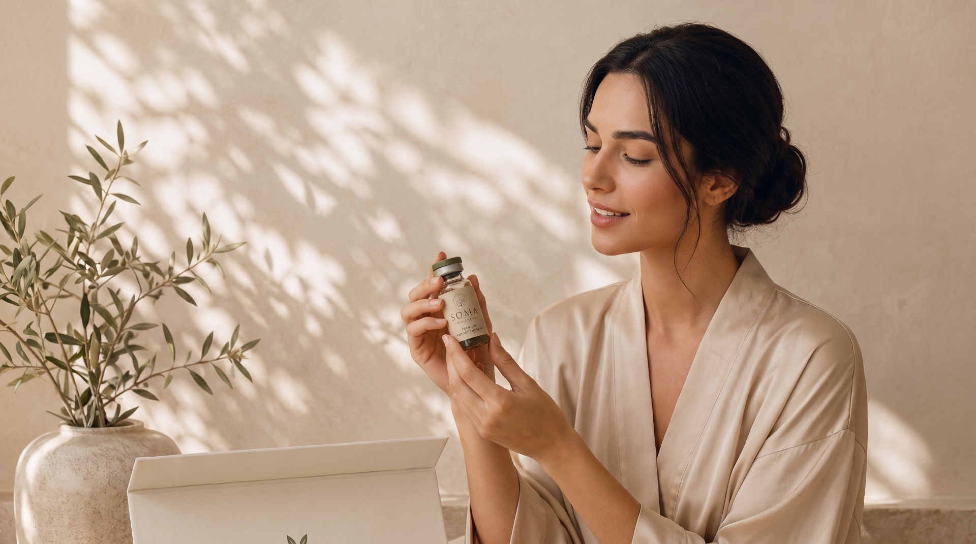 Soma wellness peptide therapy box with vials in a serene setting