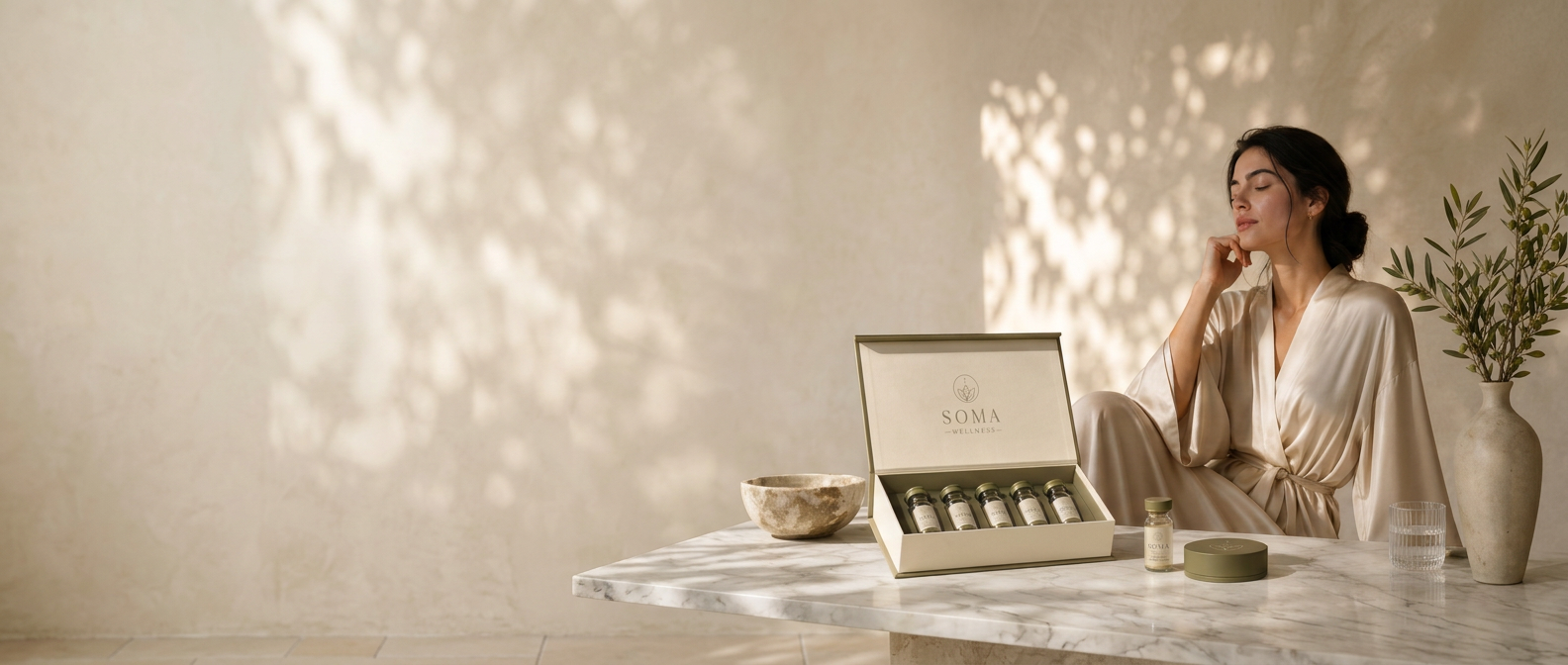 Soma wellness peptide therapy box with vials in a serene setting
